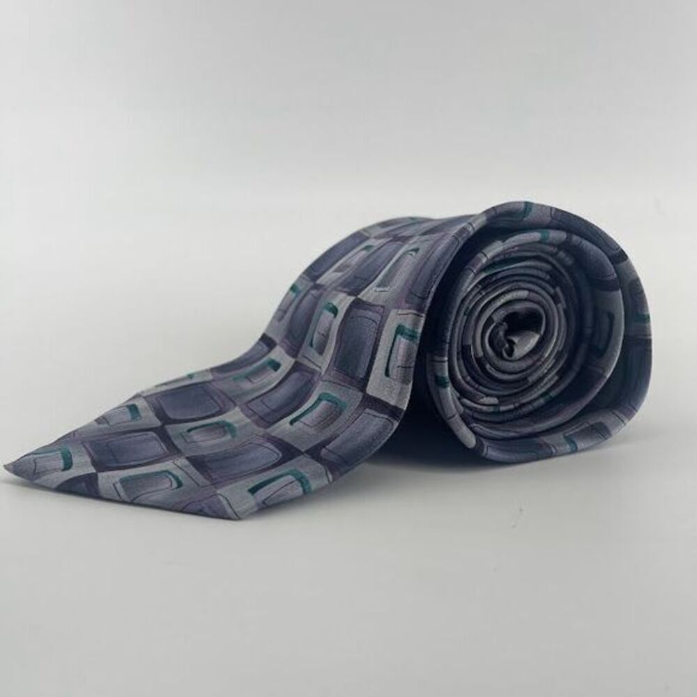 J Garcia‎ Geometric Pattern Silk Tie in Gray Purple Green Modern Abstract Design